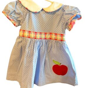 Busy Bees Smocked Blue Polka Dot Dress with Apple Patch 24m
